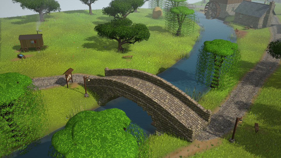 A stone bridge arching over a stream between trees.