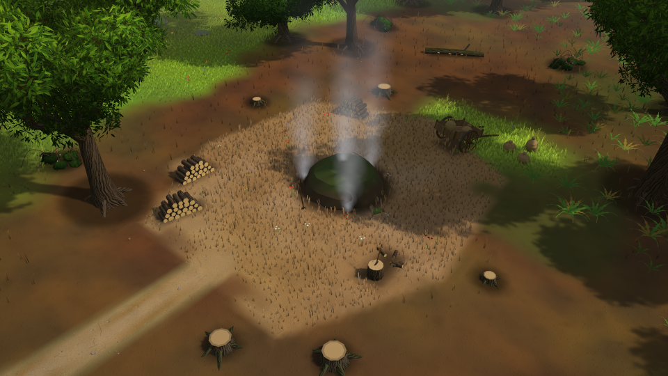 A clearing in the woods where charcoal burners work, smoke rising from a mound.