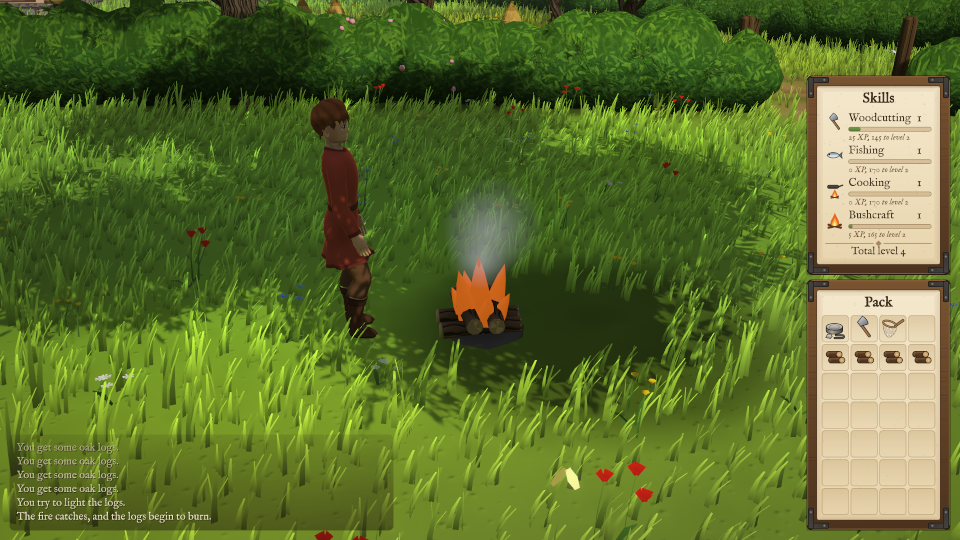 A player standing by a small fire of oak logs in the long grass, smoke rising.