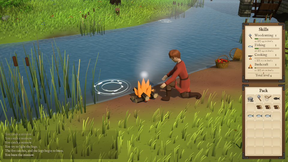 A player kneeling to cook at a fire on the riverbank.