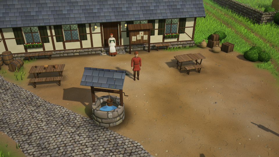 The yard before the Kettle inn: tables and benches, a well, and a few people about.