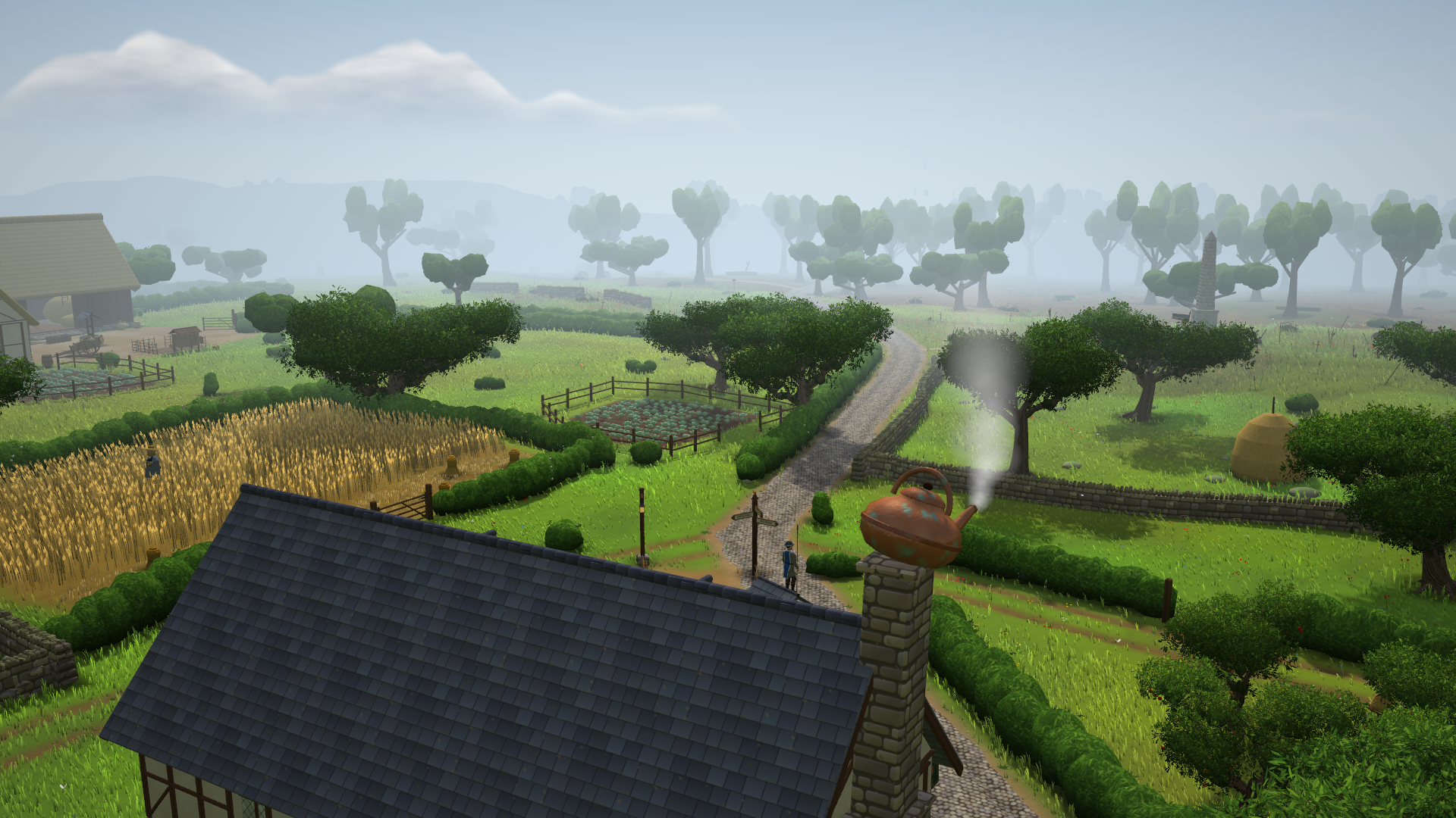 The Kettle inn's chimney, topped with a steaming copper kettle, above a cobbled road that runs between a wheat field and hedges toward a distant memorial.