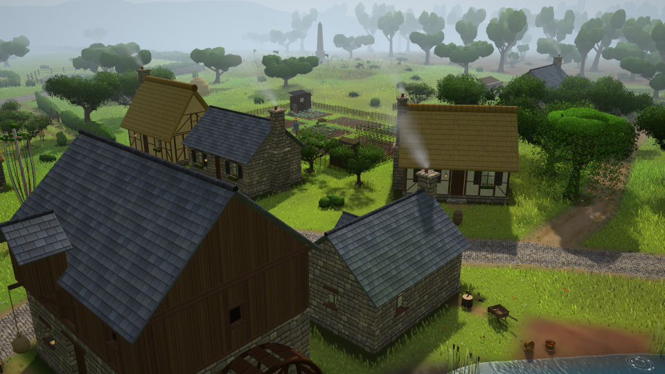 Millbrook from above: a watermill, stone and timber cottages with smoking chimneys, and a vegetable garden.
